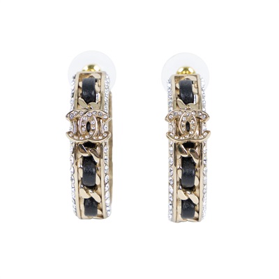 香奈兒 CHANEL CC LOGO 耳環 耳釘 B23 P 淡金皮穿鍊水鑽耳環 內襯