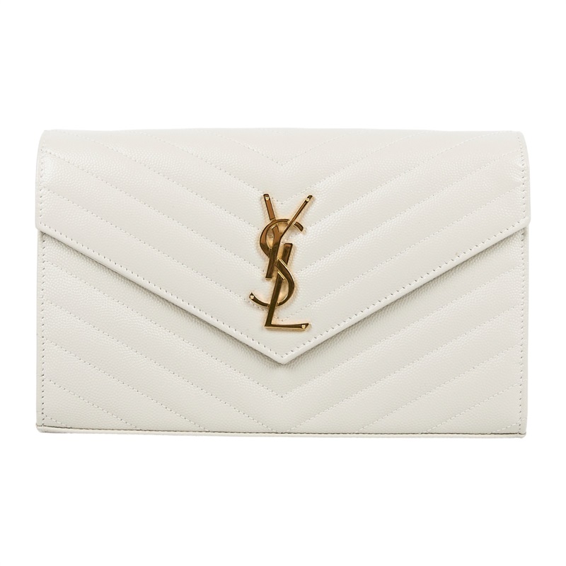 聖羅蘭 YSL SAINT LAURENT Cassandre 經典粒面皮革 鏈條 錢包 金色五金 377828BOW01 白金魚子醬WOC 原廠盒子/防塵袋