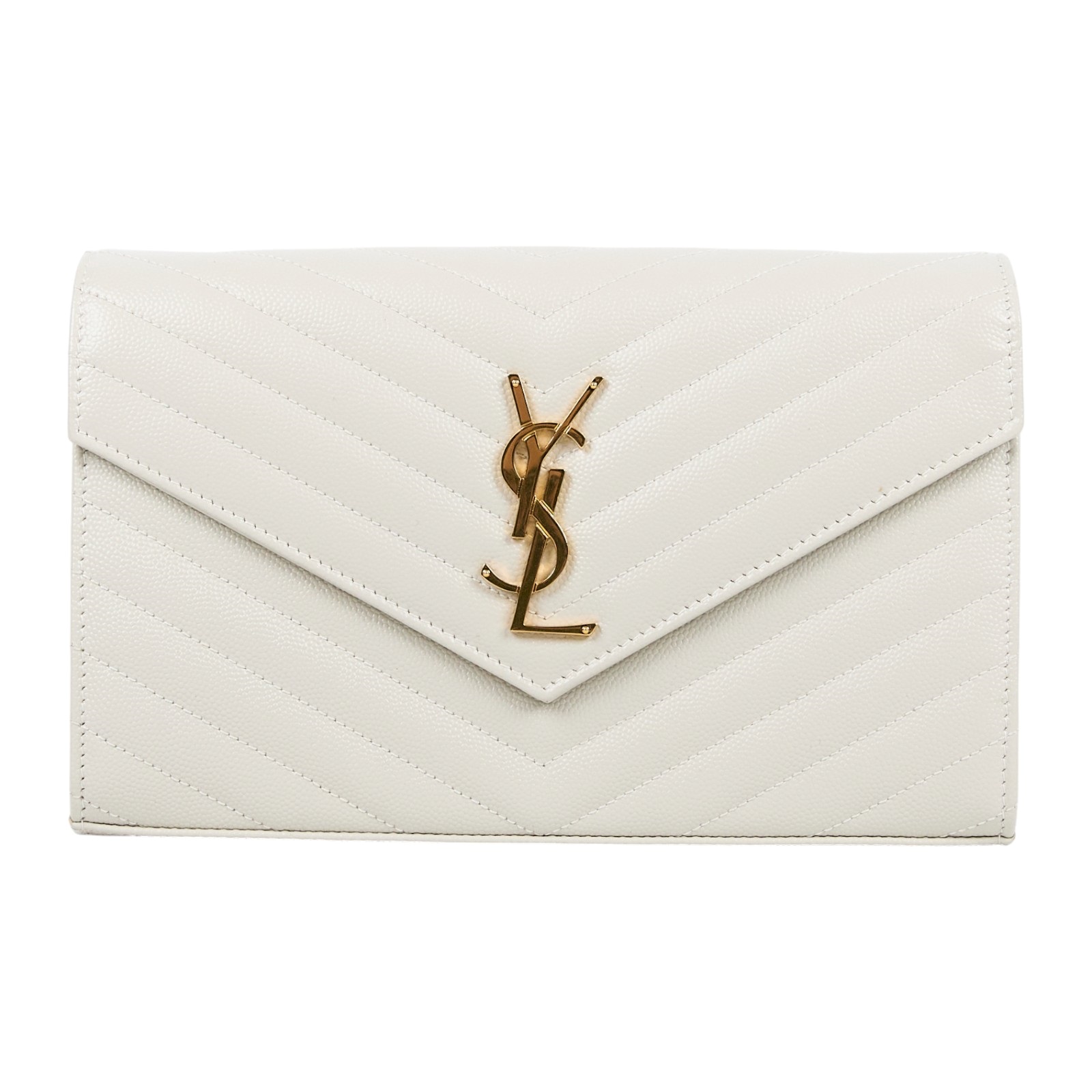 聖羅蘭 YSL SAINT LAURENT Cassandre 經典粒面皮革 鏈條 錢包 金色五金 377828BOW01 白金魚子醬WOC 原廠盒子/防塵袋