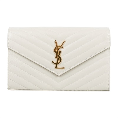 聖羅蘭 YSL SAINT LAURENT Cassandre 經典粒面皮革 鏈條 錢包 金色五金 377828BOW01 白金魚子醬WOC 原廠盒子/防塵袋