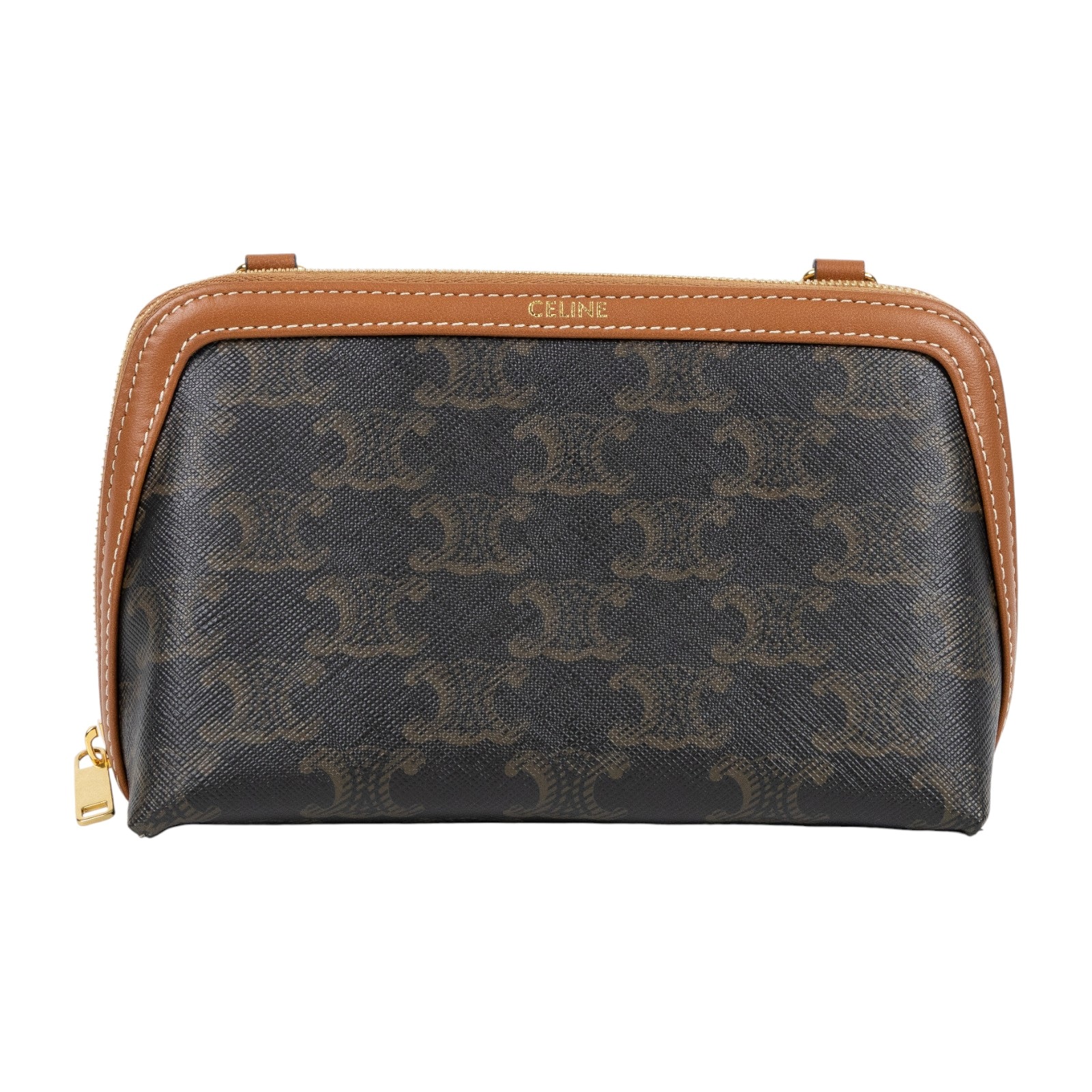 思琳 CELINE 標誌印花飾鍊 手提包 10E382CBX 原花TRIOMPHE黃褐色貝殼包 原廠盒子/防塵袋