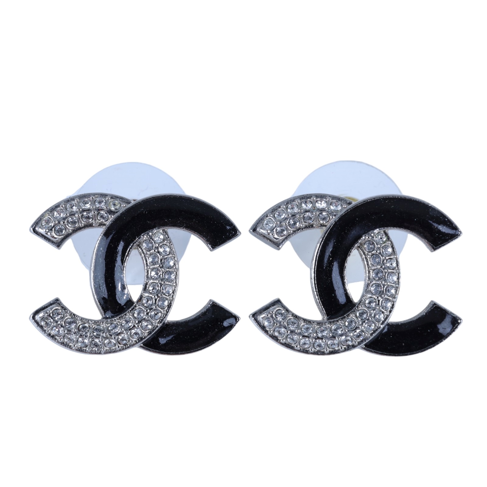 香奈兒 CHANEL CC LOGO 耳環 耳釘  黑銀大雙C水鑽耳環 原廠盒子/內襯