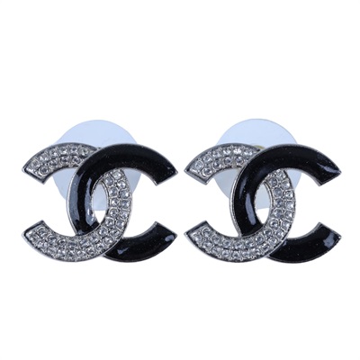香奈兒 CHANEL CC LOGO 耳環 耳釘  黑銀大雙C水鑽耳環 原廠盒子/內襯