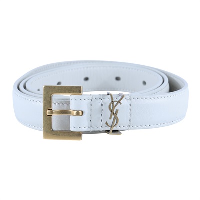 聖羅蘭 YSL SAINT LAURENT Cassandre 光面BOX皮革 方形搭扣 幼身 腰帶 554465BOO0W_85 白LOGO細皮帶 防塵袋