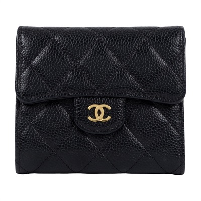 香奈兒 CHANEL 經典 小型 口蓋 皮夾 短夾  AP0231 31開 黑金荔枝牛短夾 無附屬品