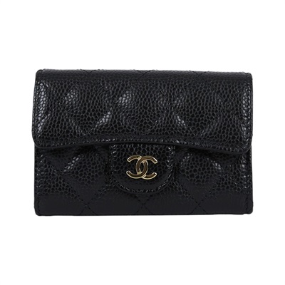 香奈兒 CHANEL CC LOGO 口蓋 卡片夾 錢包 AP0214 晶片款 黑金荔枝卡包 原廠盒子/防塵袋