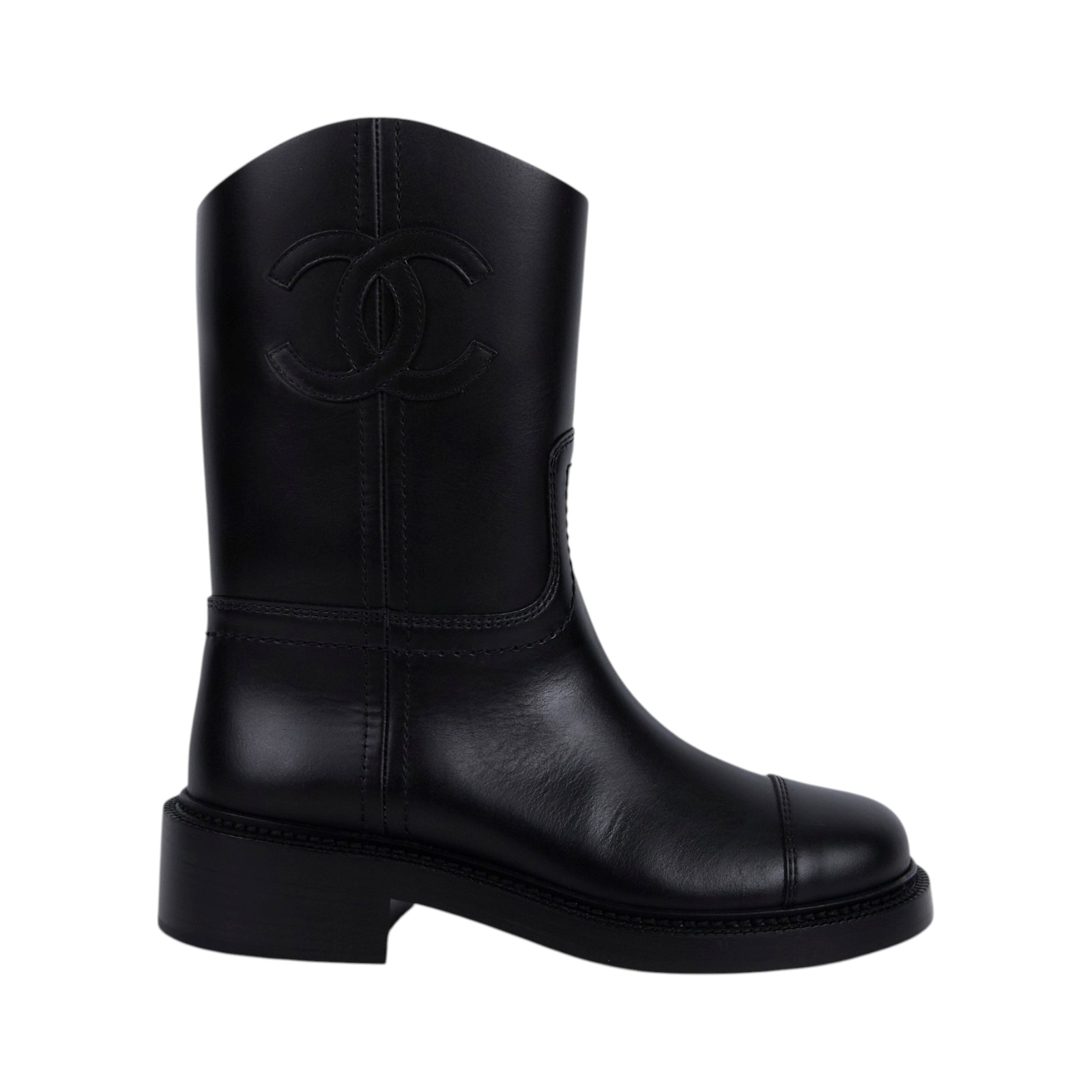 香奈兒 CHANEL CC LOGO 短靴 中筒靴 靴子 G45432_37 黑牛皮雙C靴子#37 原廠盒子/防塵袋2
