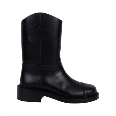 香奈兒 CHANEL CC LOGO 短靴 中筒靴 靴子 G45432_37 黑牛皮雙C靴子#37 原廠盒子/防塵袋2