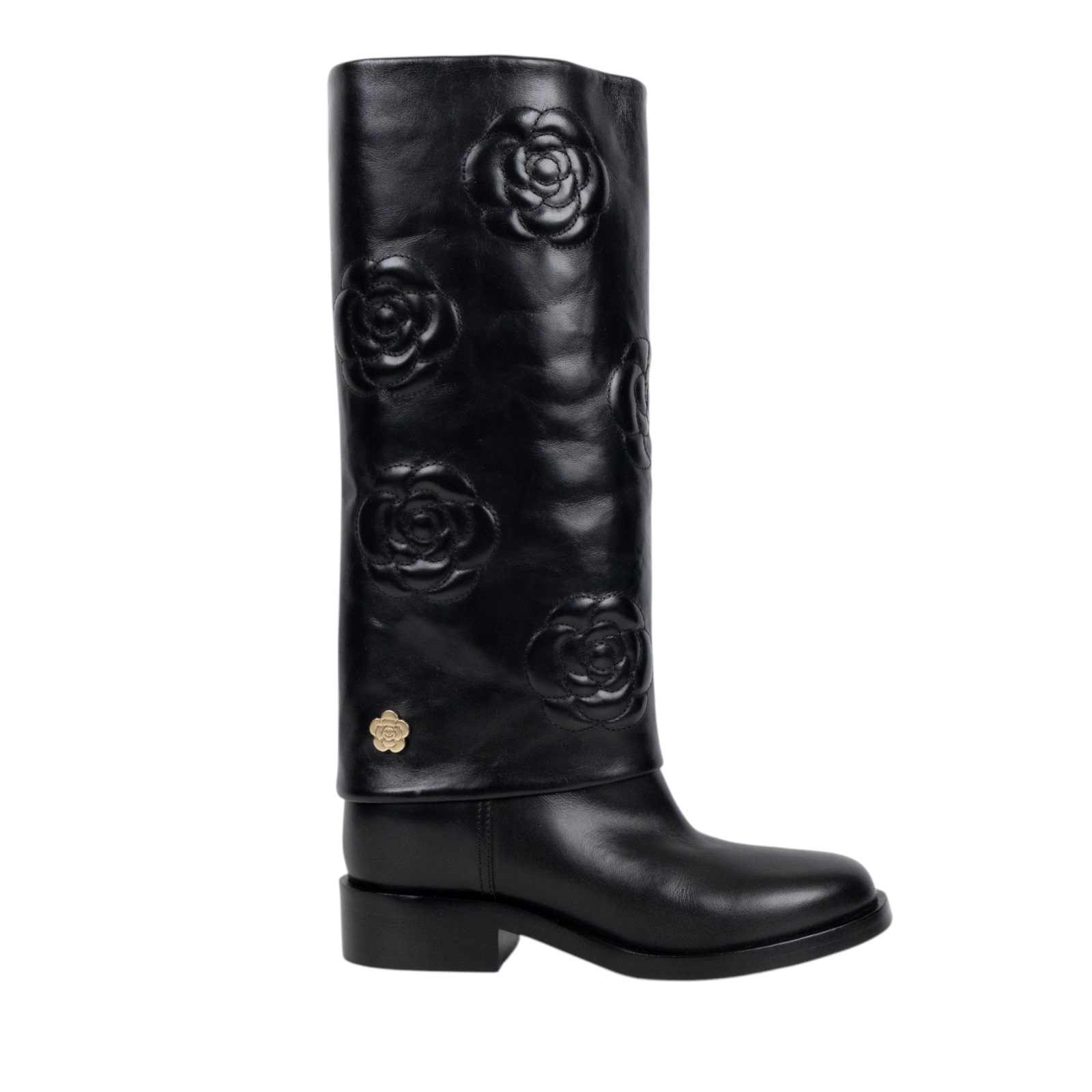 香奈兒 CHANEL 長靴 靴子 鞋子 G32098_37 黑山茶花壓紋長靴#37 原廠盒子/防塵袋