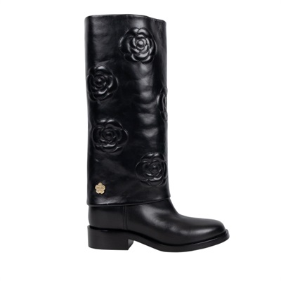 香奈兒 CHANEL 長靴 靴子 鞋子 G32098_37 黑山茶花壓紋長靴#37 原廠盒子/防塵袋