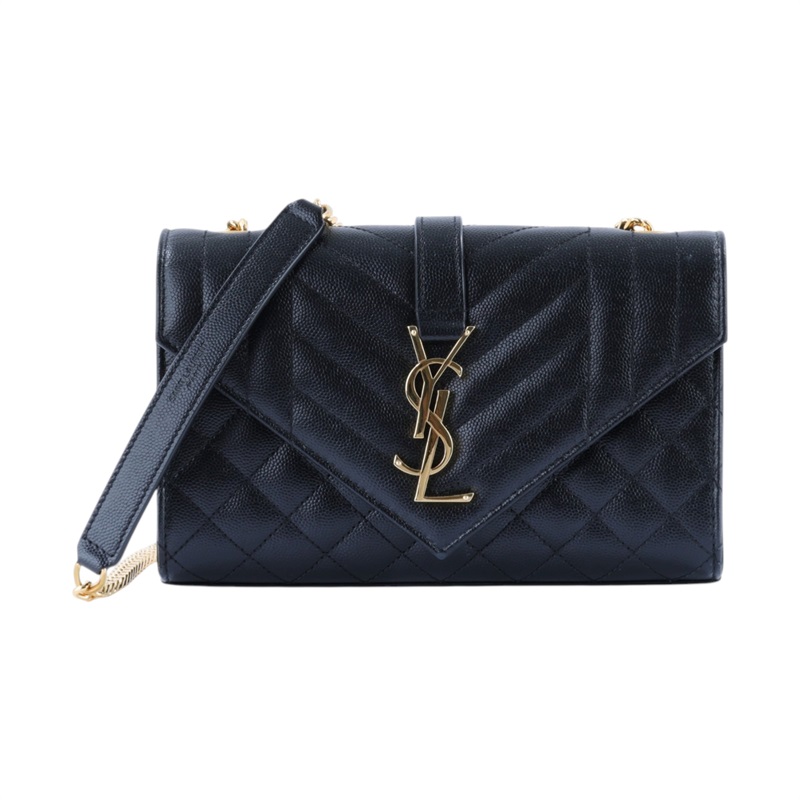 聖羅蘭 YSL SAINT LAURENT Envelope 粒面絎縫皮革 小型 信封袋 金色五金 600195BOW91 黑金ENVELOPE肩背包 防塵袋