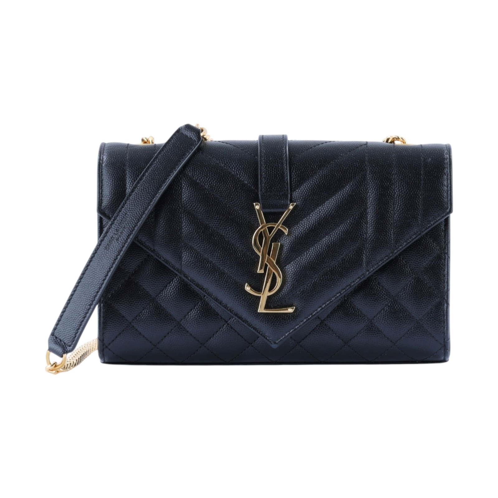 聖羅蘭 YSL SAINT LAURENT Envelope 粒面絎縫皮革 小型 信封袋 金色五金 600195BOW91 黑金ENVELOPE肩背包 防塵袋