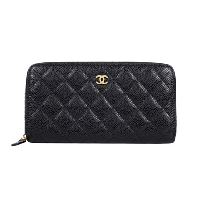 香奈兒 CHANEL CC LOGO 經典拉鍊長夾 粒紋小牛皮 AP0242 晶片款 黑金荔枝長夾 原廠盒子/防塵袋/購買證明影本