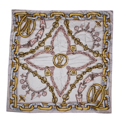 路易威登 LOUIS VUITTON 絲巾 方巾 M77655 藍邊米白底鎖鏈方巾 無附屬品