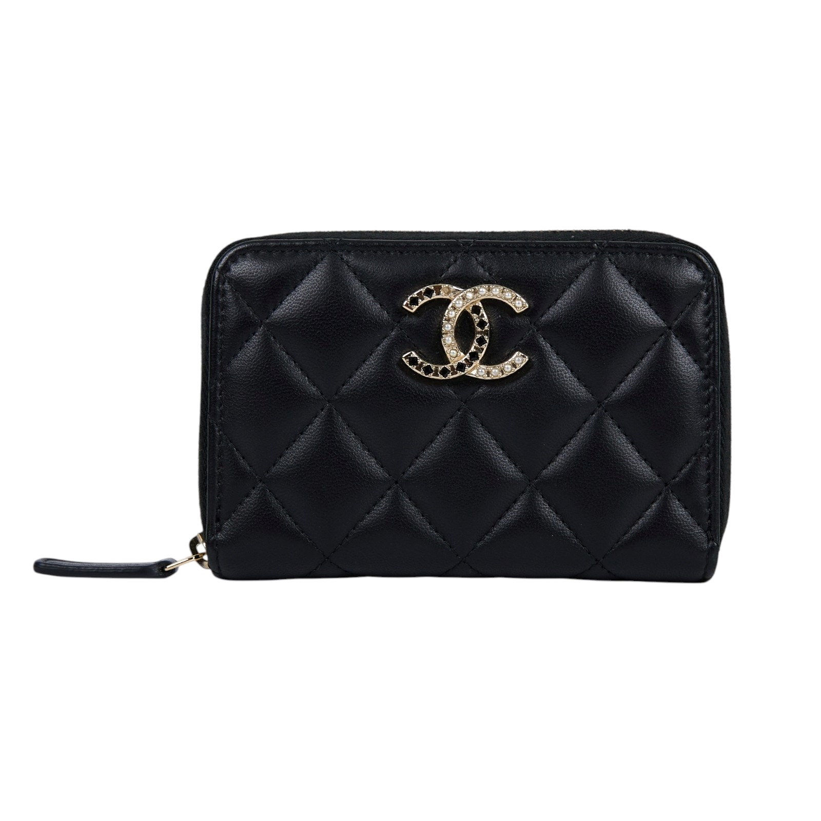 香奈兒 CHANEL CC LOGO 拉鍊皮夾 錢包 AP4037 B16959 晶片款 黑金羊珍珠拚黑鑽拉鍊短夾 原廠盒子/防塵袋/購買證明