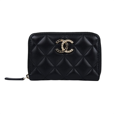 香奈兒 CHANEL CC LOGO 拉鍊皮夾 錢包 AP4037 B16959 晶片款 黑金羊珍珠拚黑鑽拉鍊短夾 原廠盒子/防塵袋/購買證明