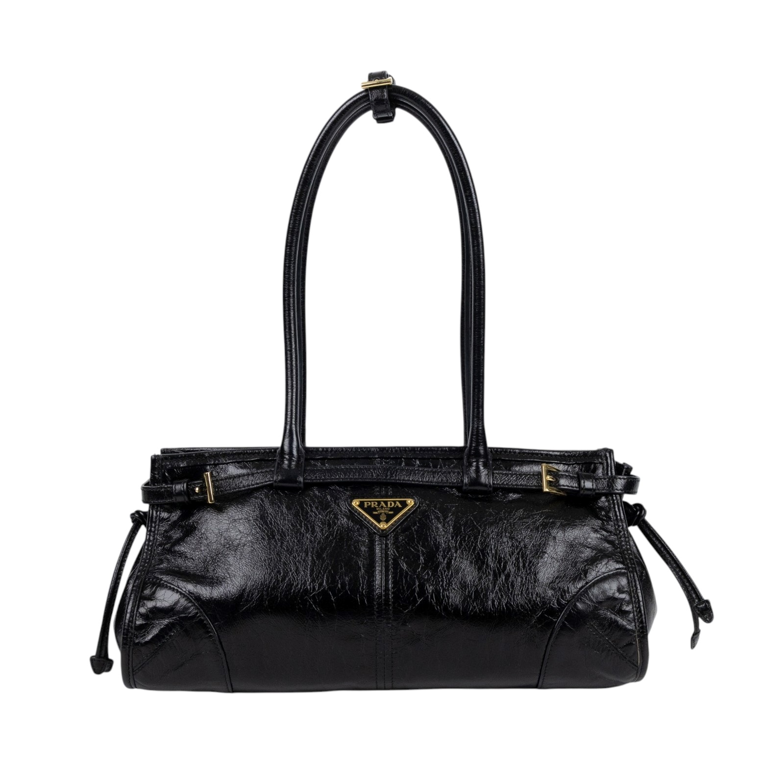 普拉達 PRADA Bonnie 皮革手提包 中型 1BA426_2CYR 黑油蠟皮Bonnie 中號皮革手袋 防塵袋/背帶