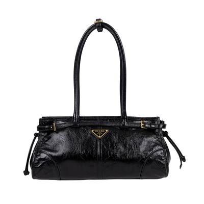 普拉達 PRADA Bonnie 皮革手提包 中型 1BA426_2CYR 黑油蠟皮Bonnie 中號皮革手袋 防塵袋/背帶