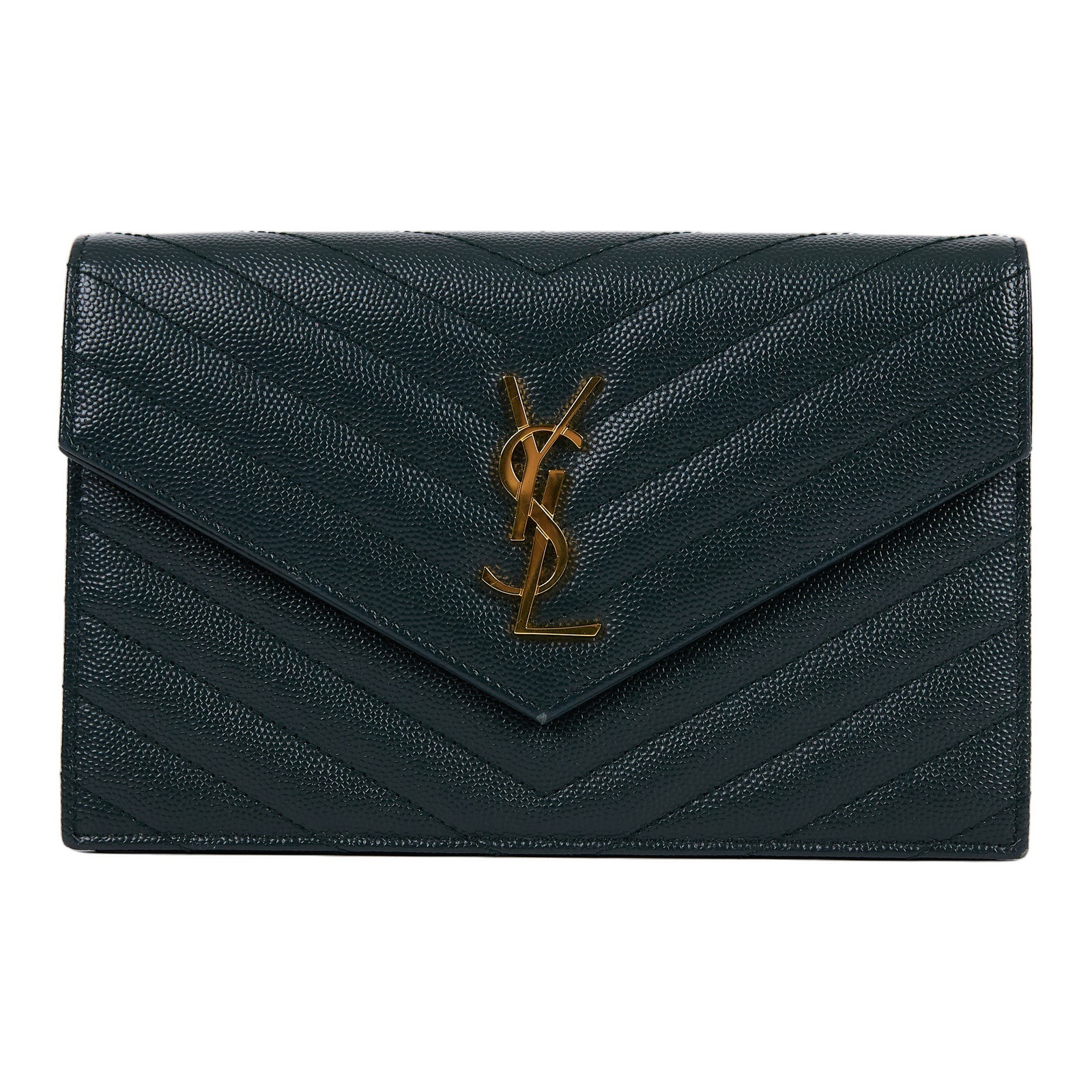 聖羅蘭 YSL SAINT LAURENT 山形紋 鏈袋 信封包 金扣 393953BOW01 綠金魚子醬WOC 原廠盒子/防塵袋/背帶