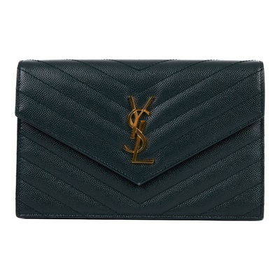 聖羅蘭 YSL SAINT LAURENT 山形紋 鏈袋 信封包 金扣 393953BOW01 綠金魚子醬WOC 原廠盒子/防塵袋/背帶