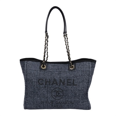 香奈兒 CHANEL DEAUVILLE MM 沙灘 托特包 A67001 晶片款 藍灰色編織沙灘包 防塵袋
