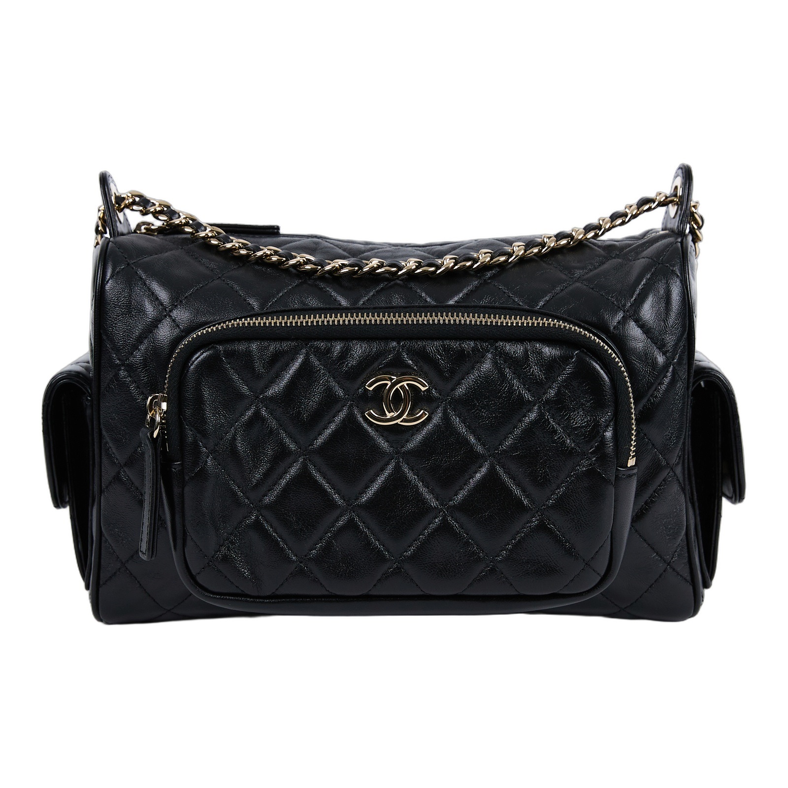 香奈兒 CHANEL 24K 肩背包 斜背包 AS5156 晶片款 黑金羊菱格紋相機鏈條單肩包 無附屬品