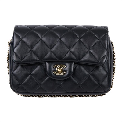 香奈兒 CHANEL Mini Coco CF 口蓋包 肩背包 斜背包 AS1436 黑羊皮珍珠鍊口蓋包 20CM 原廠盒子/防塵袋/保證卡
