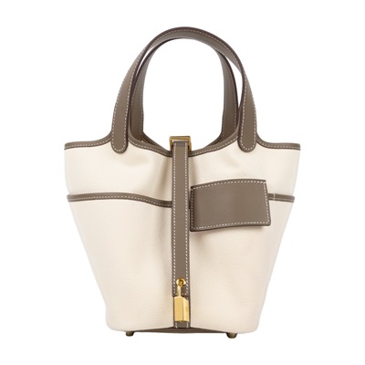 愛馬仕 Hermes Picotin Lock 18 菜籃子包 金色五金 米色 大象灰色 H083189CCAX K MI 003 IA  鎖組