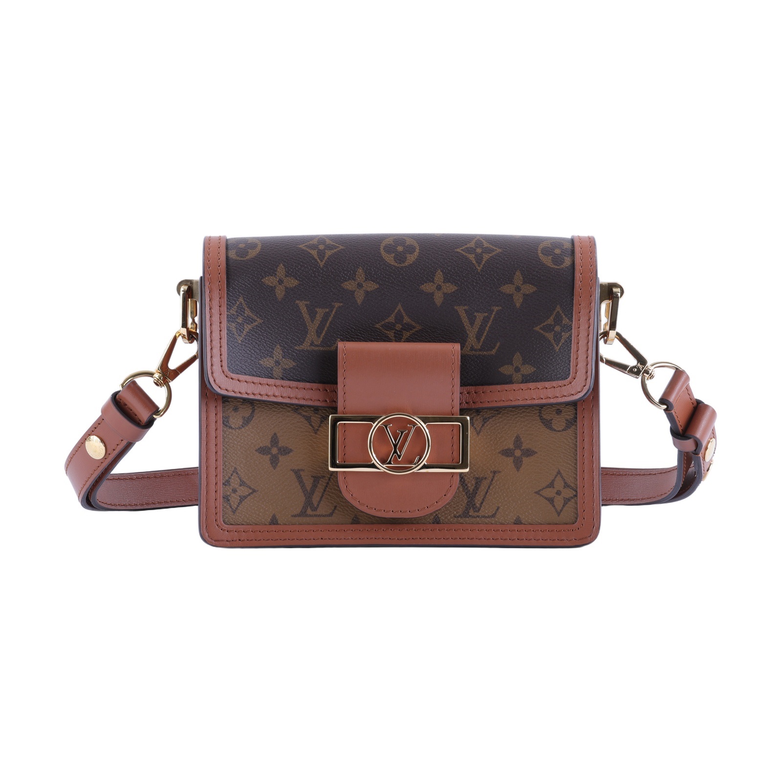 路易威登 LOUIS VUITTON Mini Dauphine 達芙妮 Reverse皮革飾邊 帆布肩背 斜背包 M45959 晶片款  原廠盒子/防塵袋/背帶