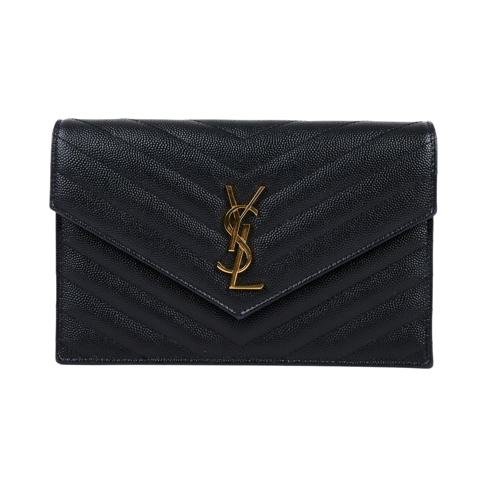 聖羅蘭 YSL SAINT LAURENT 山形紋 鏈袋 信封包 金扣 393953BOW01 黑金魚子醬WOC 原廠盒子/防塵袋/背帶