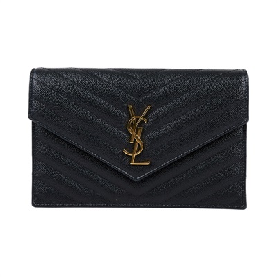 聖羅蘭 YSL SAINT LAURENT 山形紋 鏈袋 信封包 金扣 393953BOW01 黑金魚子醬WOC 原廠盒子/防塵袋/背帶