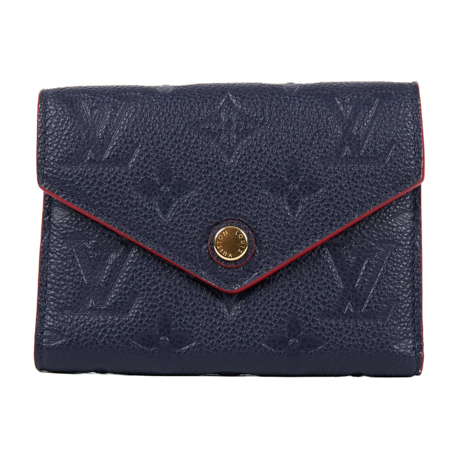 路易威登 LOUIS VUITTON Victorine 壓花皮革 三折暗釦 短夾 海軍藍 紅色 M64577 晶片款  原廠盒子