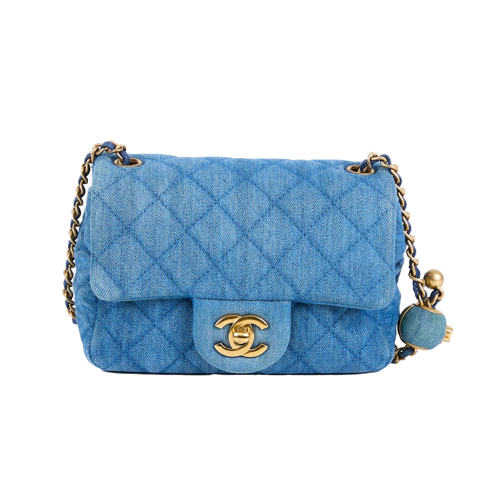 香奈兒 CHANEL 丹寧 金球 菱格 金鍊 金球 方胖 肩背 斜背包  晶片款 牛仔金球方胖 原廠盒子/購買證明影本