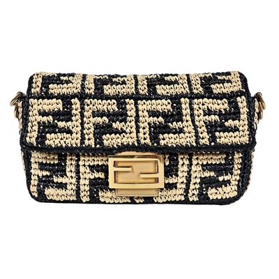 芬迪 FENDI Baguette 拉菲草 包款 8BR600AKBY 黃拚黑草編FF BAGUETTE法棍包 防塵袋/原廠盒子/背帶2
