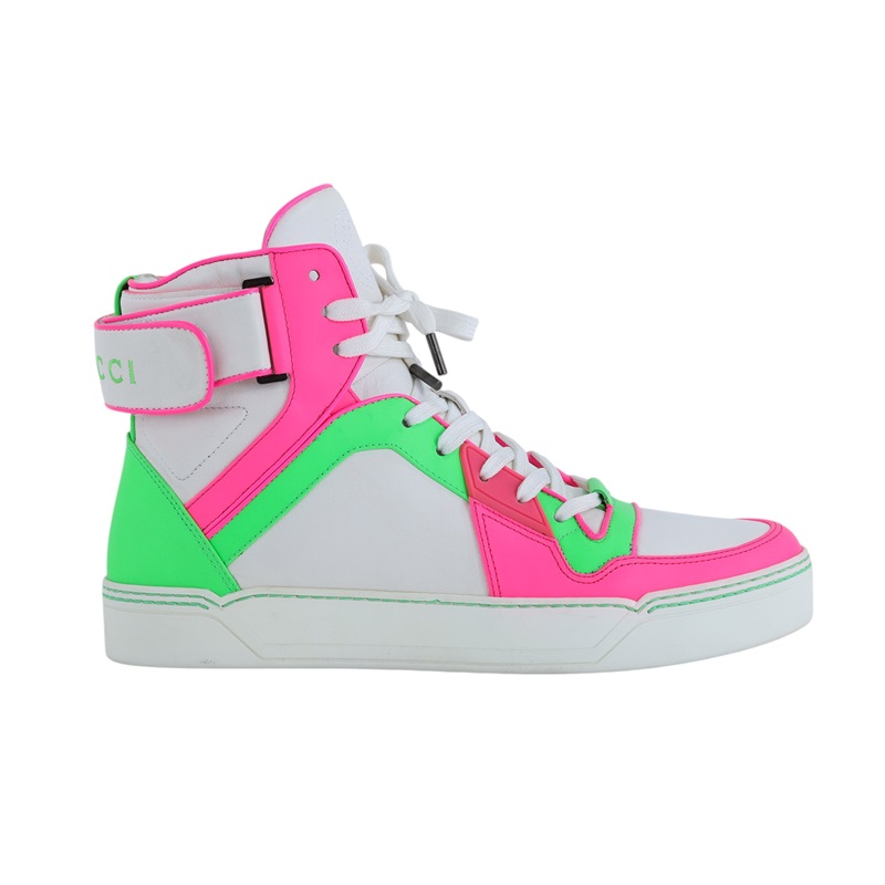 古馳 GUCCI 高筒運動鞋 386738_95 螢光桃拚綠白高筒布鞋#9.5 防塵袋/原廠盒子
