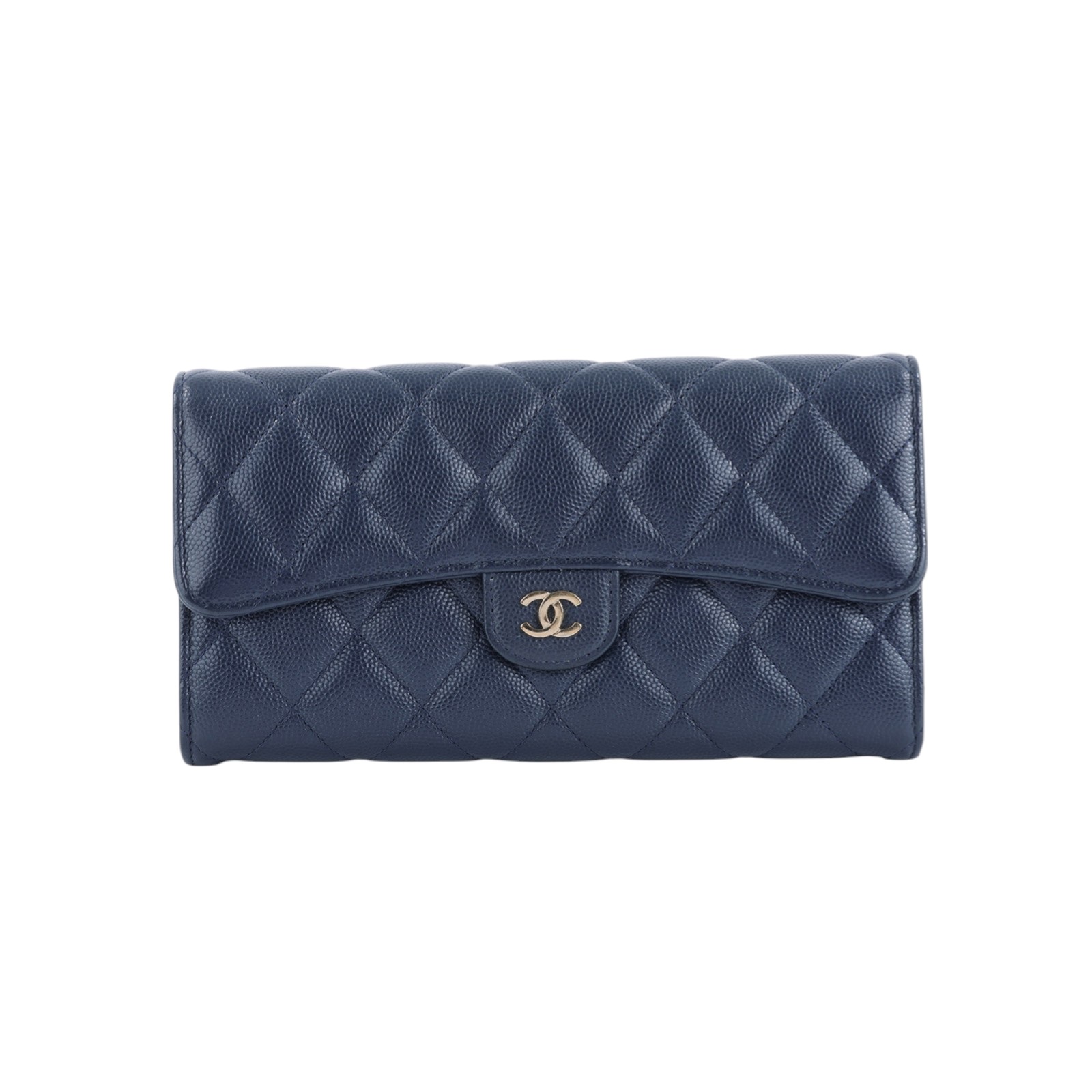 香奈兒 CHANEL CC LOGO 荔枝皮 菱格紋 扣式 長夾 A80758 31開深藍金荔枝皮長夾 無附屬品