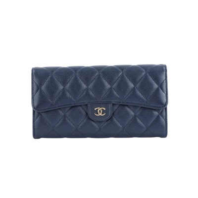 香奈兒 CHANEL CC LOGO 荔枝皮 菱格紋 扣式 長夾 A80758 31開深藍金荔枝皮長夾 無附屬品