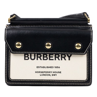 博柏利 BURBERRY Mini Horseferry 80319011 黑拚帆布HORSEFERRY斜背包 無附屬品