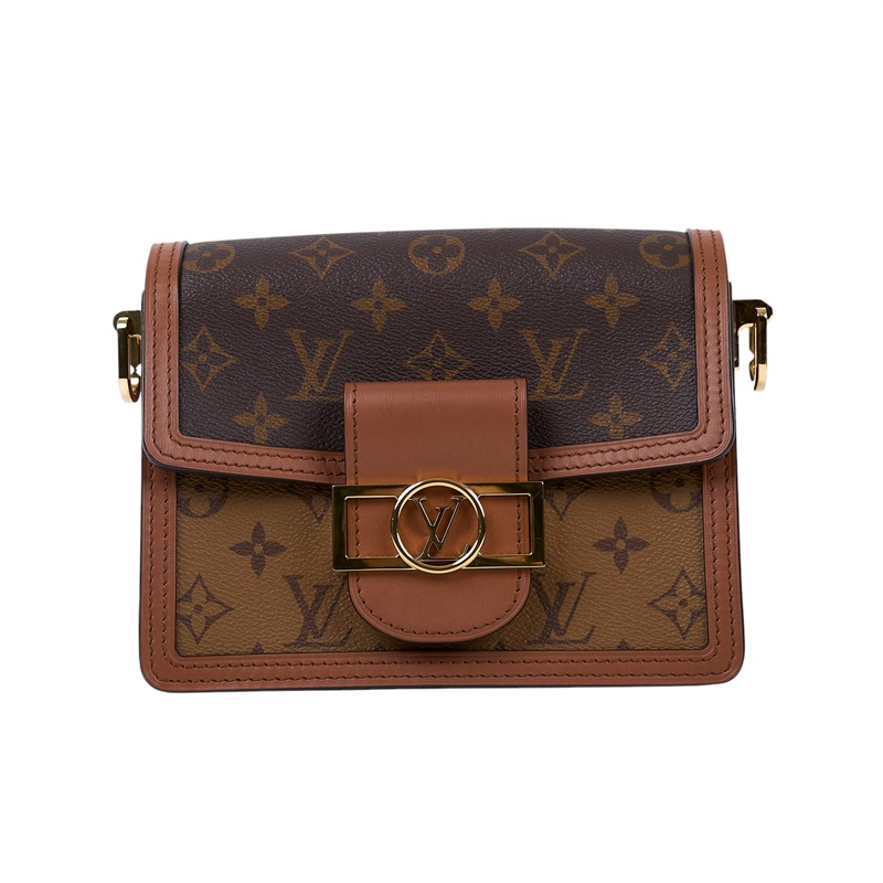 路易威登 LOUIS VUITTON Mini Dauphine 達芙妮 Reverse皮革飾邊 帆布肩背 斜背包 M45959 晶片款  防塵袋/原廠盒子/購買證明正本