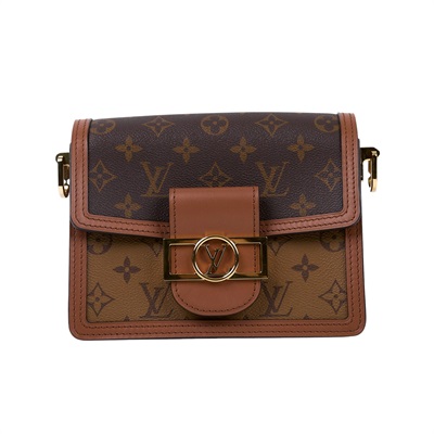 路易威登 LOUIS VUITTON Mini Dauphine 達芙妮 Reverse皮革飾邊 帆布肩背 斜背包 M45959 晶片款  防塵袋/原廠盒子/購買證明正本