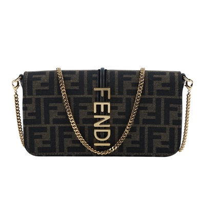 芬迪 FENDI Fendigraphy 鏈袋皮夾 8BS076AD23 棕FF帆布WOC 防塵袋/購買證明正本