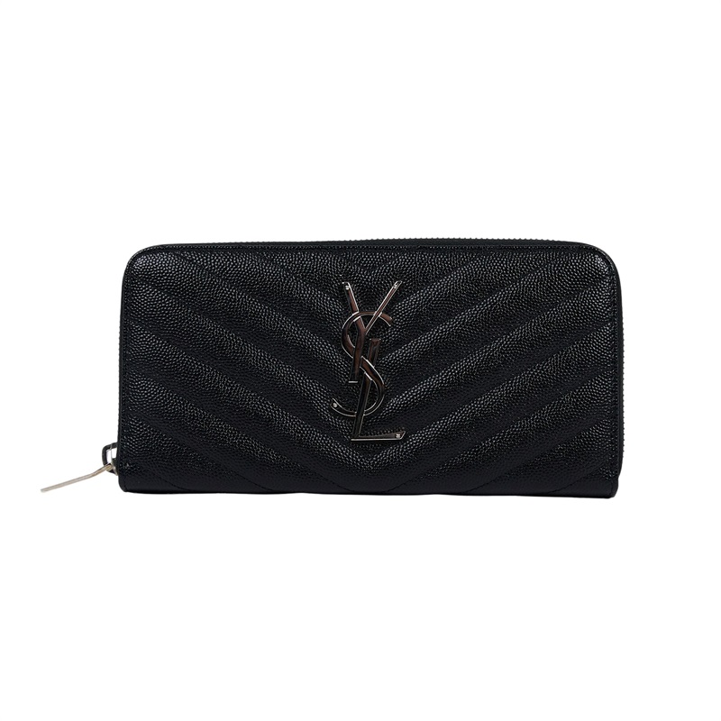 聖羅蘭 YSL SAINT LAURENT 山形紋 錢包 長夾 銀色五金 358094BOW02 黑銀魚子醬拉鍊長夾 原廠盒子/防塵袋