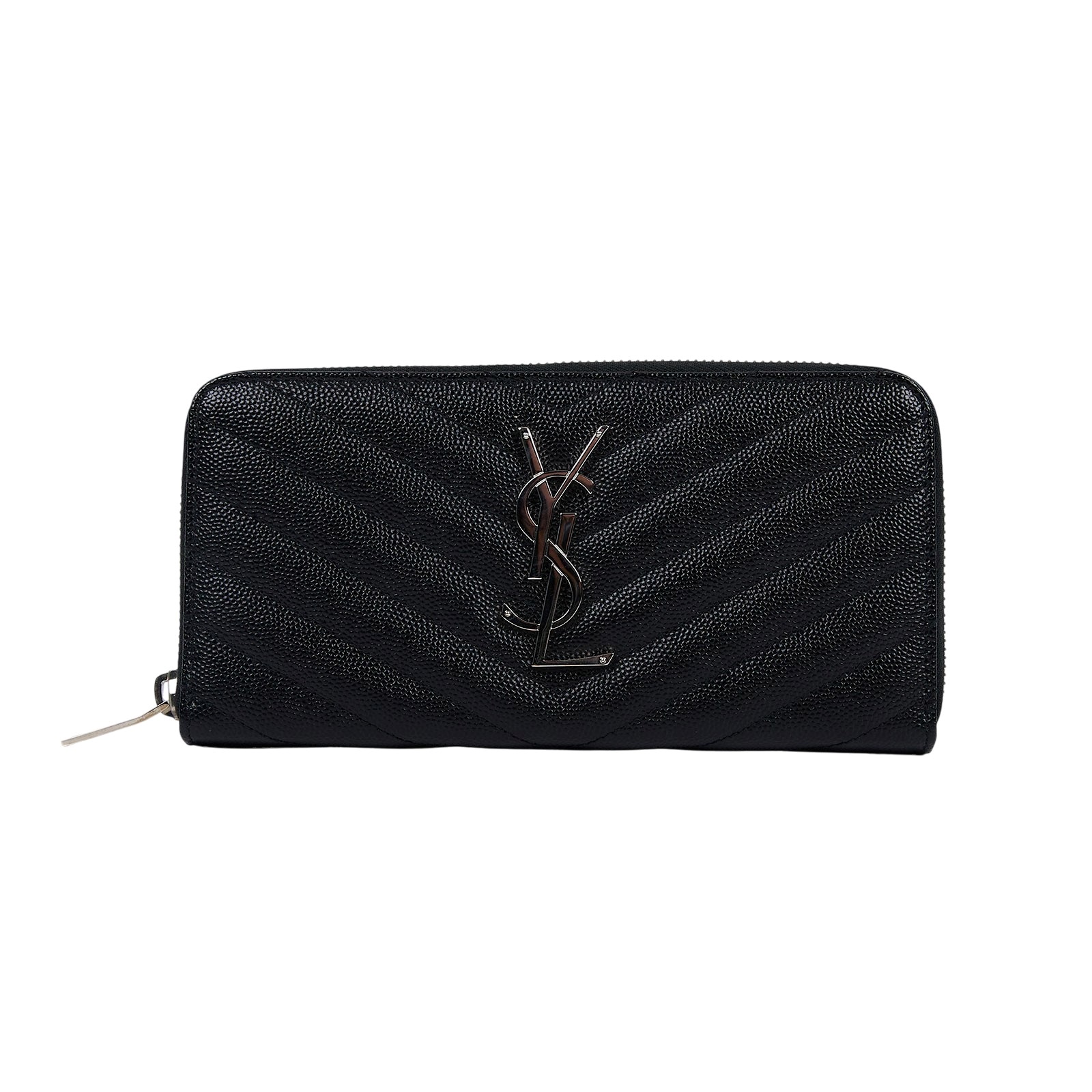 聖羅蘭 YSL SAINT LAURENT 山形紋 錢包 長夾 銀色五金 358094BOW02 黑銀魚子醬拉鍊長夾 原廠盒子/防塵袋
