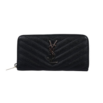 聖羅蘭 YSL SAINT LAURENT 山形紋 錢包 長夾 銀色五金 358094BOW02 黑銀魚子醬拉鍊長夾 原廠盒子/防塵袋