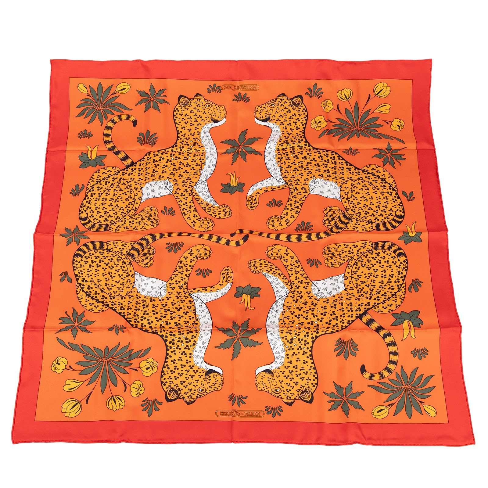 愛馬仕 Hermes Les Leopards Silk Scarf 85 絲巾   橘底花豹8585絲巾 原廠盒子