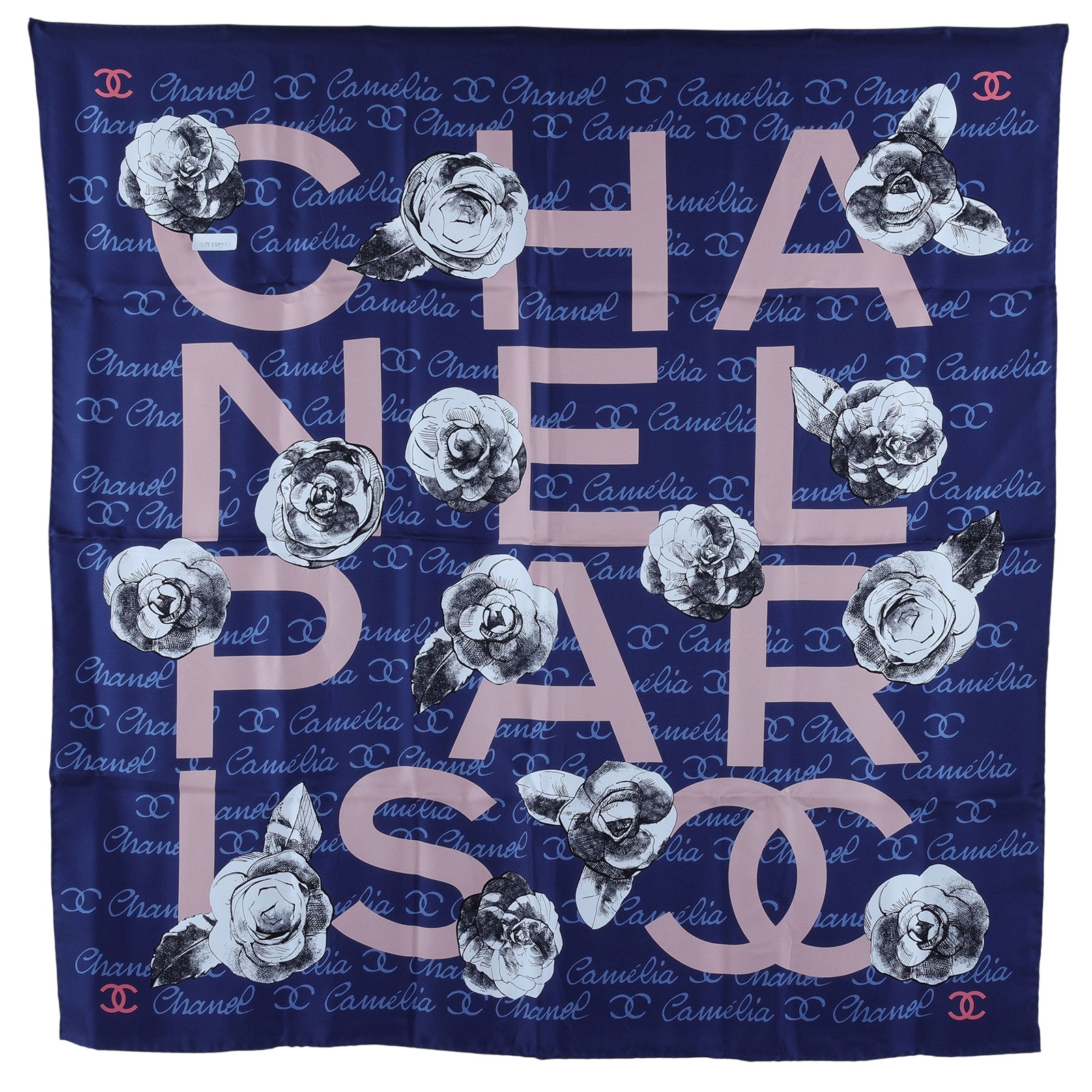 香奈兒 CHANEL LOGO 山茶花 絲巾 藍色 粉色  藍底粉LOGO山茶花絲巾9090 原廠盒子
