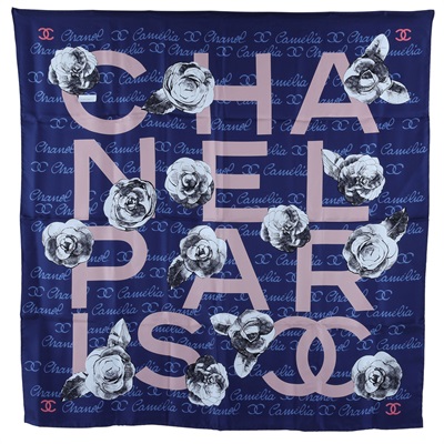 香奈兒 CHANEL LOGO 山茶花 絲巾 藍色 粉色  藍底粉LOGO山茶花絲巾9090 原廠盒子