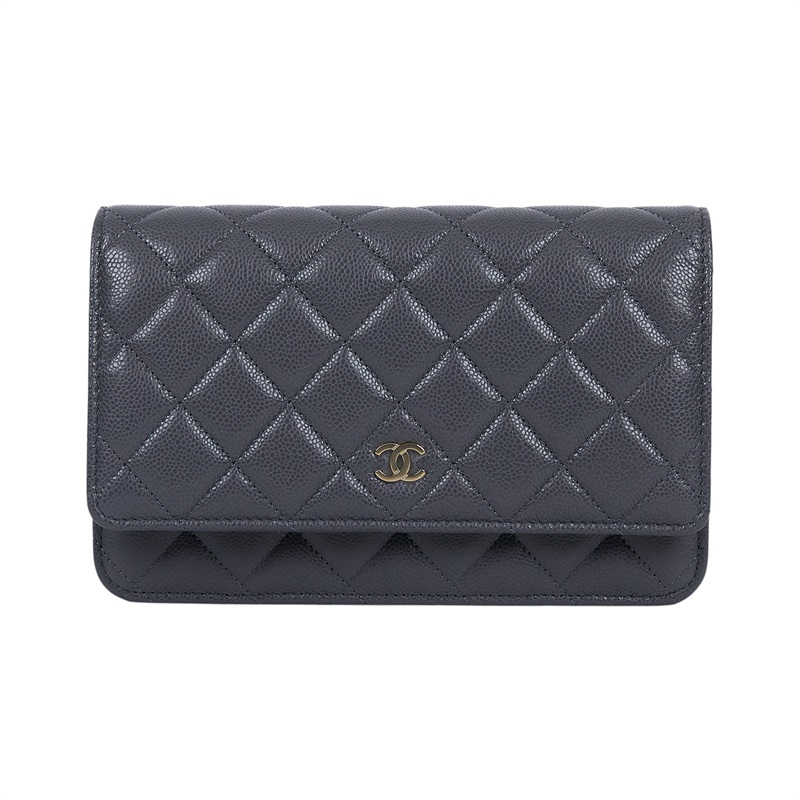 香奈兒 CHANEL 經典鏈子皮夾 菱格紋 CC LOGO AP0250 晶片款 灰淡金荔枝WOC 原廠盒子/防塵袋