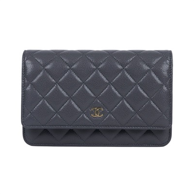 香奈兒 CHANEL 經典鏈子皮夾 菱格紋 CC LOGO AP0250 晶片款 灰淡金荔枝WOC 原廠盒子/防塵袋