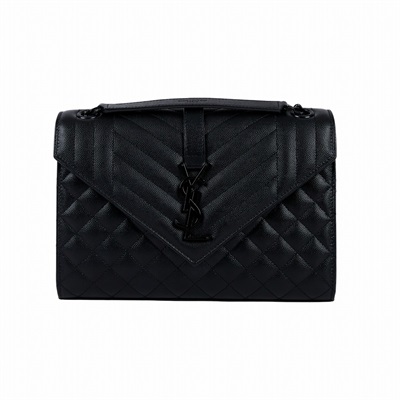 聖羅蘭 YSL SAINT LAURENT Envelope 粒面絎縫皮革 中型 信封袋 黑色五金 600185BOW98 全黑學院包 原廠盒子/防塵袋